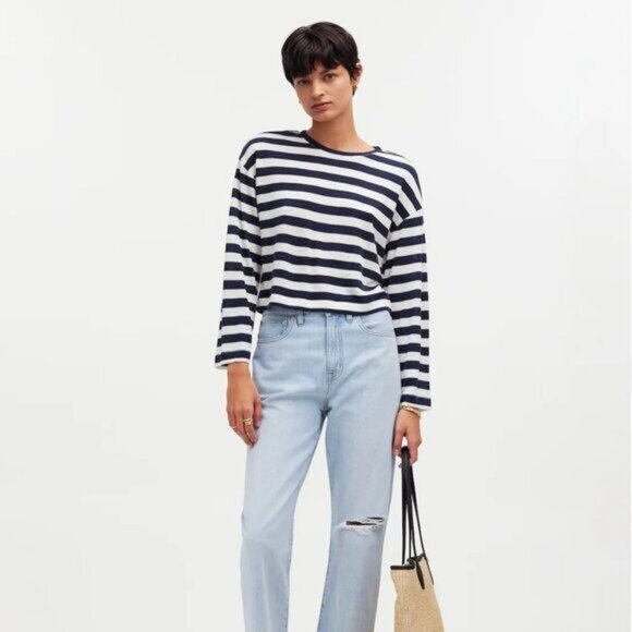 Madewell Drop Shoulder Pullover Crop Tee Stripe NWT Small - Picture 1 of 5